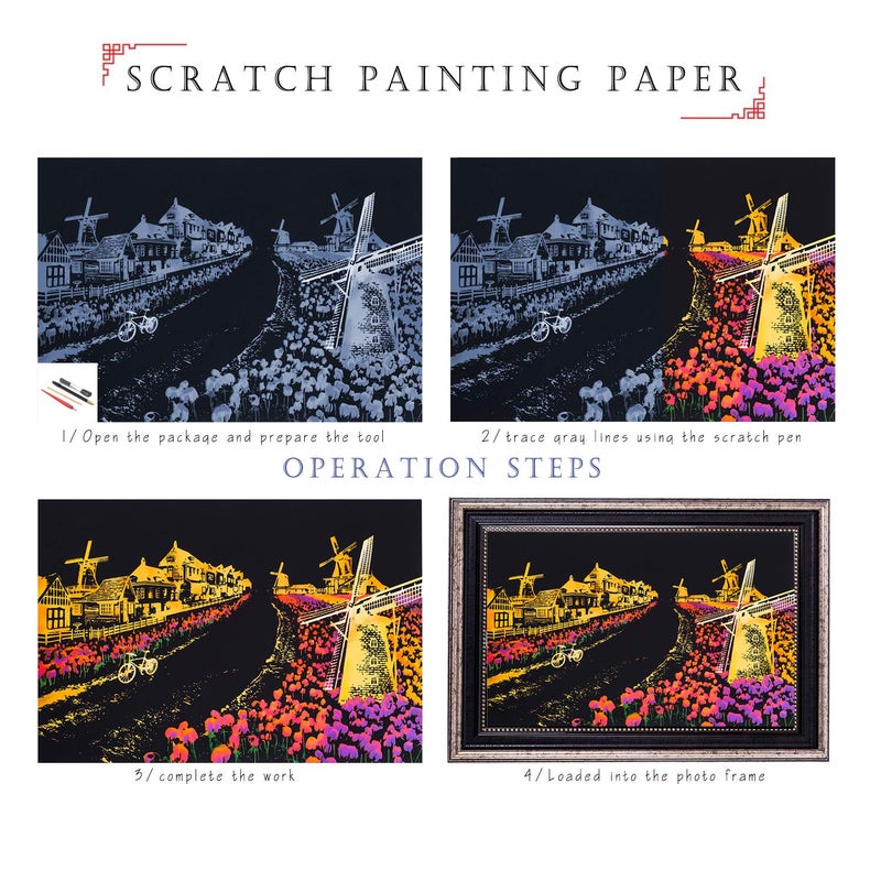 BOTEEN Rainbow Scratch Painting Paper By BOTEEN,City Series Night Scene,Scratch Painting Creative Gift,Scratchboard for Adult and Kids,with 4 Tools,Size:16''x11'' (Dutch Windmill,Big Ben) - Image 4